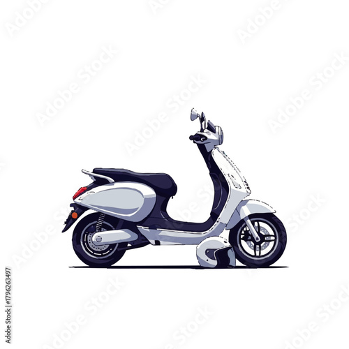 Side view of a sleek silver and black scooter on a white background