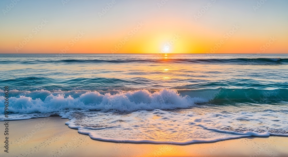 Fototapeta premium Golden sunset over gentle ocean waves on sandy beach