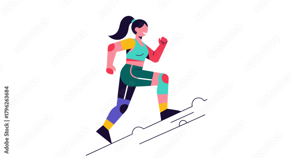 Obraz premium Energetic Woman Climbing A Staircase Representing Healthy Lifestyle, Fitness and Exercise