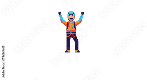 Excited Climber Celebrating Success Reaching the Summit Illustrated on Black Background