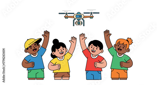 Excited Children Observing And Welcoming A Drone Flying Above Them Cheerfully