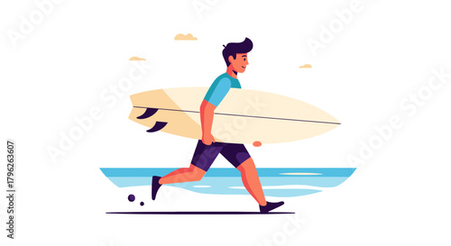 Energetic Surfer Races Towards The Waves with His Surfboard on a Beautiful Day