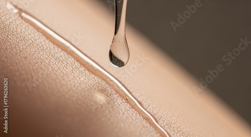 Close-up of a golden liquid dripping onto a textured surface, possibly skin or a similar material, creating a smooth, reflective line.