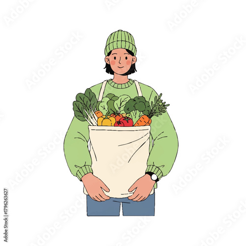 Illustration of a smiling person holding a bag of fresh vegetables and fruits