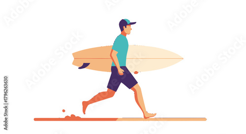 Energetic Surfer Running Towards Waves Before Catching Them, Bright And Bold illustration