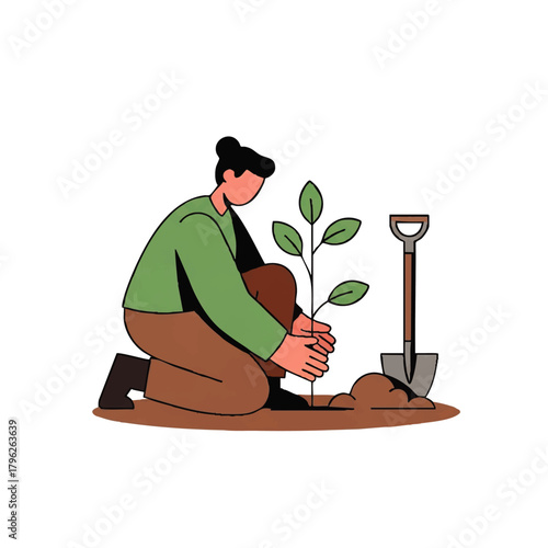 Illustration of a person planting a tree with a shovel on the ground