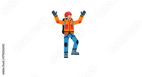 Excited Climber Celebrating Successful Ascent With Raised Arms Against Black Background