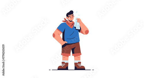 Exhausted Hiker Wiping Sweat After a Long Trek on a Dark Background