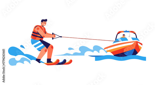Energetic Waterskiing Action Depicted With a Vibrant Boat and a Thrilled Figure