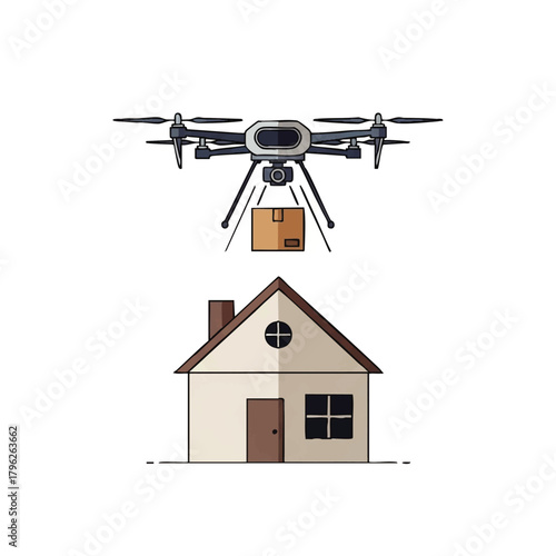 Drone delivering a package to a house with a white background