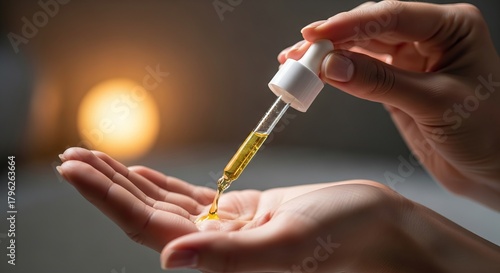 Close-up of hands applying a dropper of golden serum onto the palm, with a warm, soft light in the background.