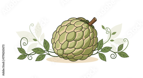 Exotic Annona Fruit Illustration Surrounded by Decorative Vines and Green Leaves