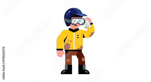 Exhausted Rider Wipes Sweat After a Long Ride on Yellow Motorbike Outfit