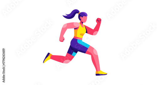 Energetic Woman in Active Run Position on Black Background Simple Illustration