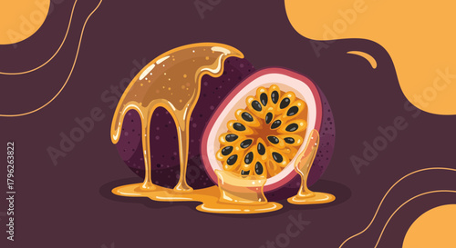 Exotic Passion Fruit with Iridescent Syrup Illustration Against a Striking Backdrop