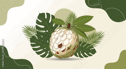 Exotic Sugar Apple Fruit Surrounded by Lush Green Leaves and Decorative Abstract Shapes