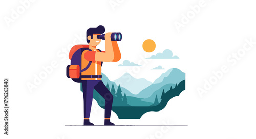 Exploring The Horizon: A Hiker Gazing At Majestic Mountains With Binoculars