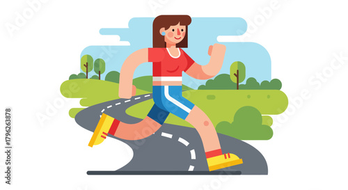 Energetic Woman Running Outdoors on Paved Road with Nature Backdrop Illustration