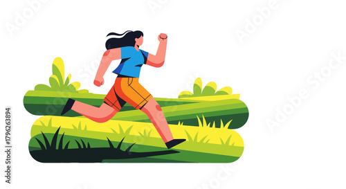 Energetic Woman Sprinting Across Luminous Green Terrain Against a Dark Backdrop