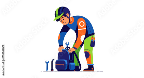 Engineer Preparing His Tools in a Backpack to Tackle Any Challenge Professionally