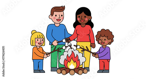 Family Bond Around Campfire Enjoying Marshmallows, Making Memories Together, Bonding