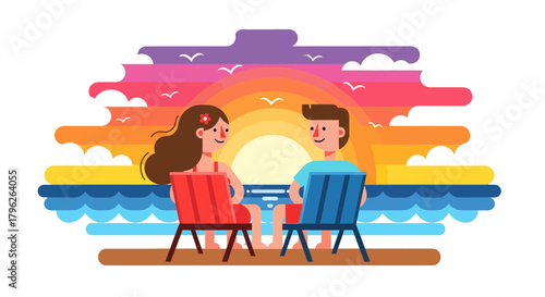 Enjoyable Evening By the Sea: Couple Relaxing on Beach Chairs During Sunset or Sunrise