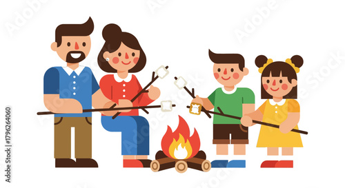 Family Bond Around Campfire Enjoying Roasting Marshmallows During Night Camping