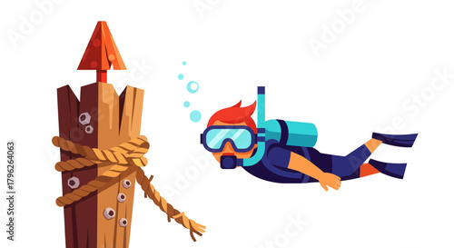Enigmatic Underwater Exploration: A Scuba Diver Navigating Near A Wooden Beacon