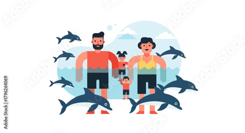 Family Bond Interacting with Playful Dolphins During a Magical Marine Aquatic Adventure