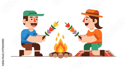 Enjoying Camping Cooking Together: Friends Grilling Vegetables Over a Campfire at Night
