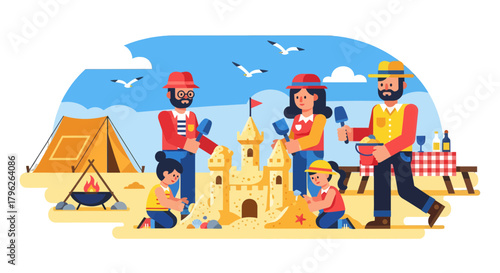 Family Building Sandcastle, Camping And Enjoying Time At The Beach Under The Blue Sky