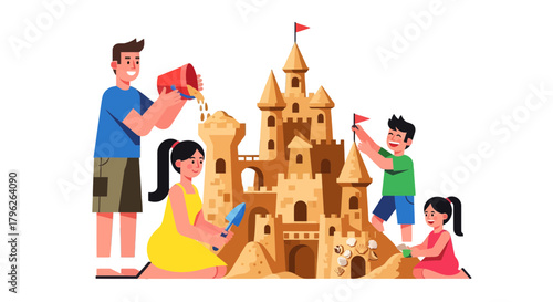 Family Building Sandcastle On The Beach, Beautiful Summer Day, Fun Outdoors Activity