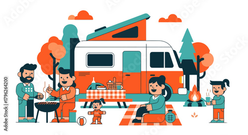 Family Camping Adventure With Campervan And Barbecue Picnic Outdoors Fun