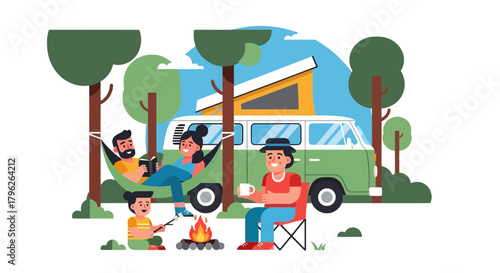Family Camping Adventure With Campervan, Bonfire, And Relaxing Under Serene Forests
