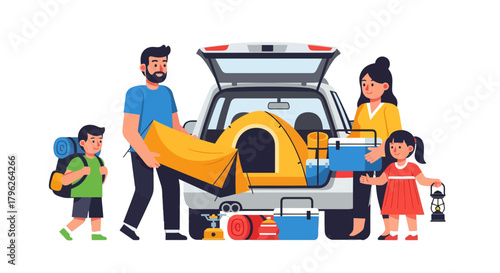 Family Camping Trip: Packing Car With Gear, Preparing For Adventures Together