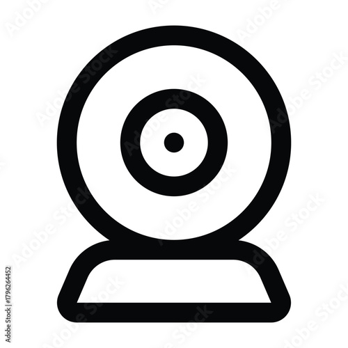 Solid black webcam with simple round lens and stand. Perfect for video call graphics, streaming interfaces, and digital communication themes.