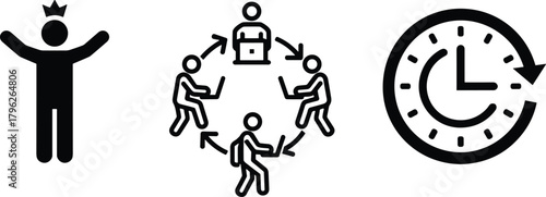 Leadership and teamwork concept illustration, business collaboration and time management, office productivity with clock, teamwork and success icons