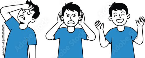 Man showing headache, stress, and happiness — emotional expressions illustration for health, psychology, and lifestyle concept designs