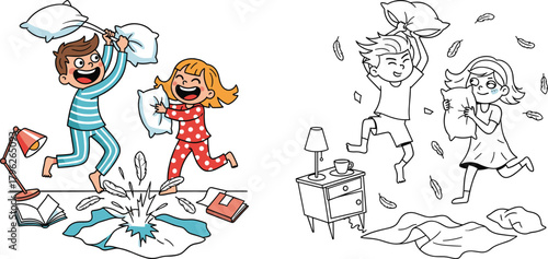 Children Pillow Fight Scene with Flying Feathers, Pajamas, Books, Lamp, Chaos and Fun – Colored and Outline Vector Illustration
