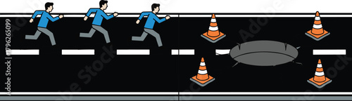 Man running on road facing obstacle hole with safety cones symbolizing challenge, risk management, motivation, perseverance, and overcoming difficulties