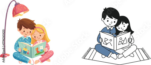 Children reading bedtime story together in cozy pajamas and vintage style, sitting on cushion and rug, cute cartoon vector illustration