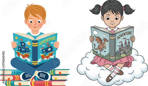 Children Reading Adventure Books with Pirate Ship and Dragon Castle, Imaginative Fantasy Scene, Cloud and Book Stack, Creative Exploration Moment