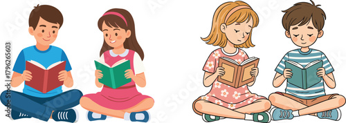 Children Reading Books Together on Floor, Educational Kids Scene Promoting Literacy, Learning, Focused Reading Time, Cross-Legged Study Pose