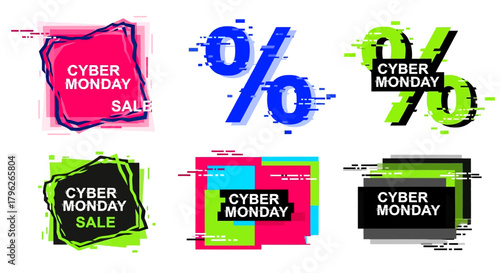 Pixel Glitch Geometric Icons Set Cyber Monday Vector