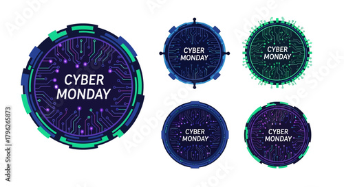 Cyber Circuit Badge Icons Set for Cyber Monday Vector