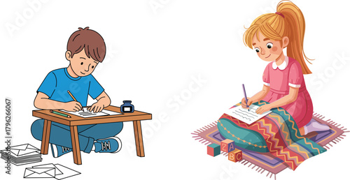 Children Writing Indoors with Educational Props, Cozy Cushions, Alphabet Blocks, Ink Bottle, Envelopes, Creative Learning, Literacy, Childhood Development Scene