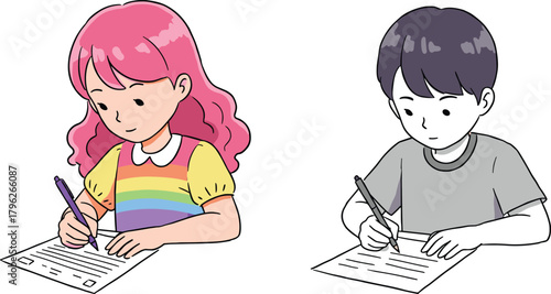 Children writing on worksheets during classroom activity, focused kids doing schoolwork, educational scene, learning, concentration, study time, pen work