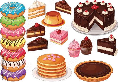 Colorful cartoon dessert collection with donuts, cakes, cupcakes, flan, pancakes, and tart for sweet food vector and culinary design.