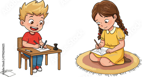 Happy children writing with pens at desk and rug, creative learning activity, educational illustration for school, reading, and homework themes.
