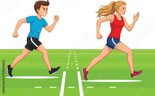 Male and female runners competing on track, athletic race vector, sports action, fitness motivation, outdoor sprint, dynamic cartoon illustration